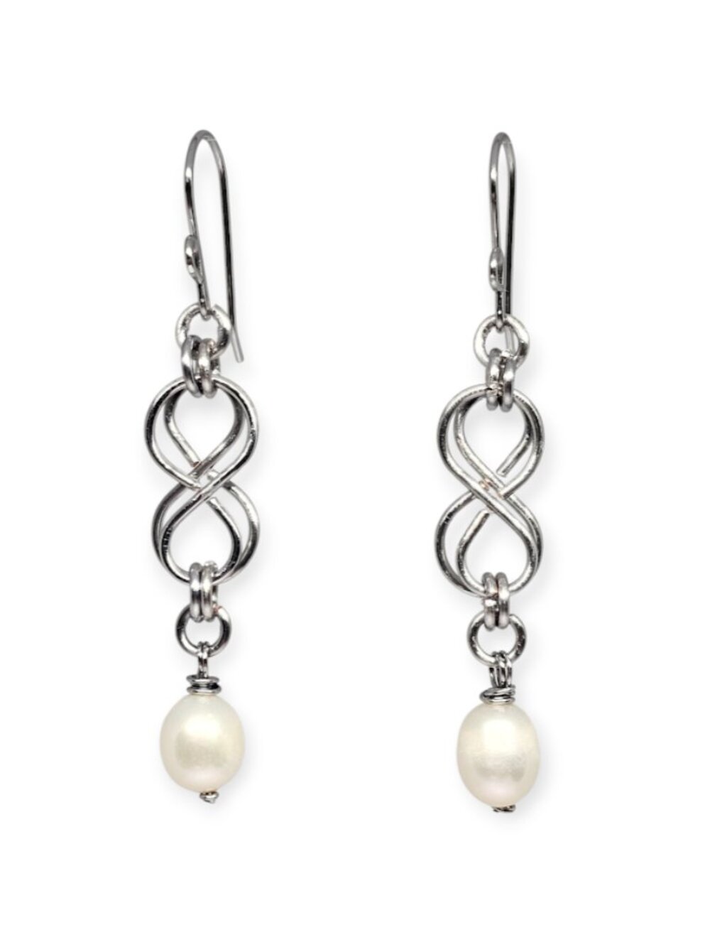 Handmade Silver Infinity Freshwater Pearl Dangle Earrings Boho Elegant Drop